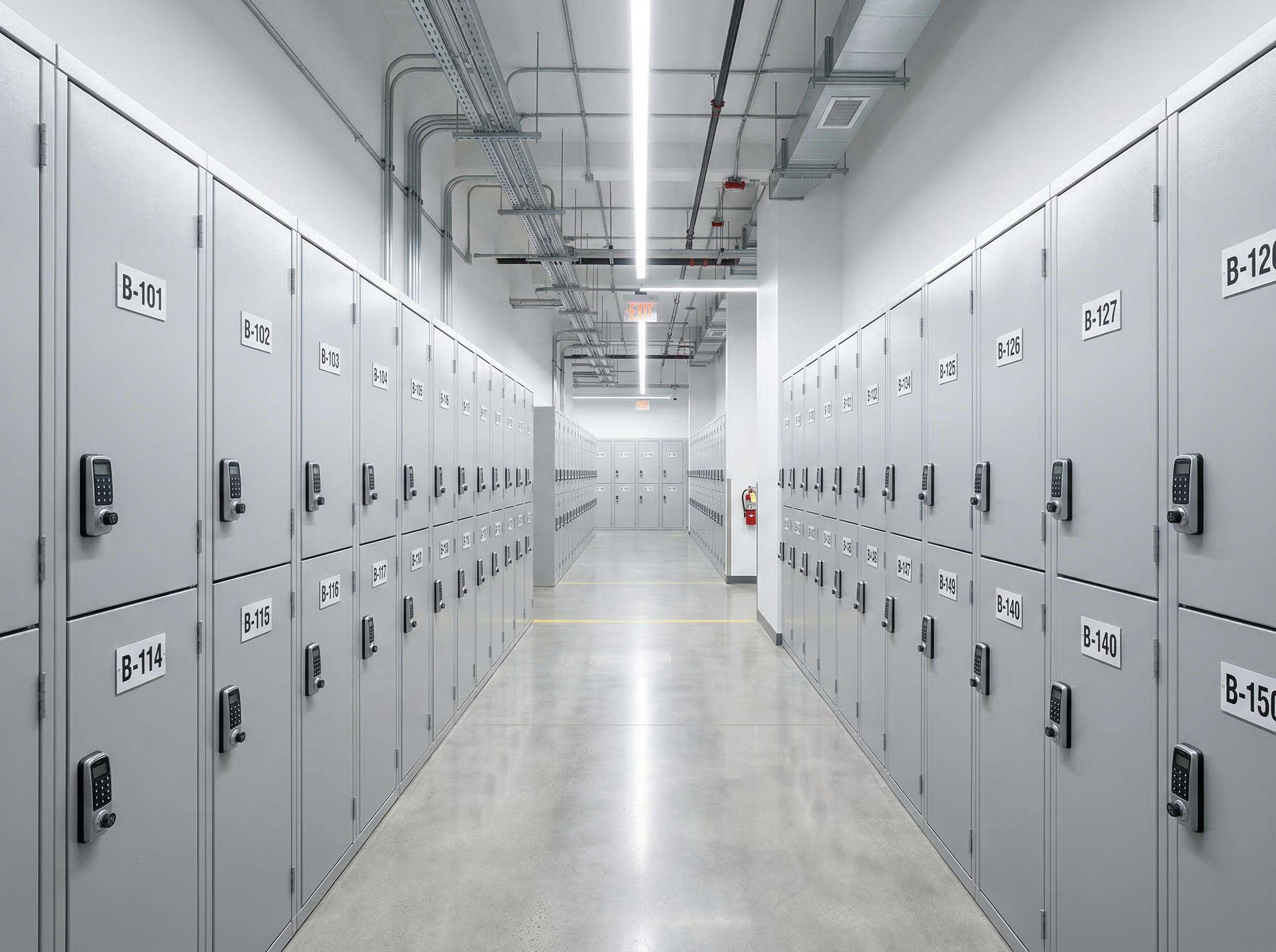 Tárolóegységek folyosója: számozott, zárt rekeszek LED megvilágítással